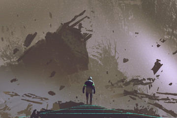 Fototapeta premium sci-fi scene showing the astronaut walking on light path in dead earth, digital art style, illustration painting