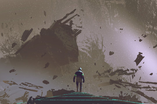 sci-fi scene showing the astronaut walking on light path in dead earth, digital art style, illustration painting