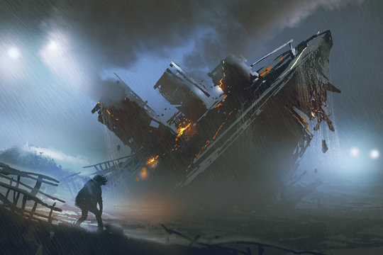scene of man escape a sinking ship in rainy night, digital art style, illustration painting