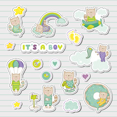 Baby Boy Stickers, Patches for Baby Shower Party Celebration. Decorative Elements for Newborn Celebration. Vector illustration