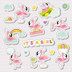 Baby Girl Stickers Set for Baby Shower Party Celebration. Decorative Elements for Newborn with Cute Flamingo. Vector illustration