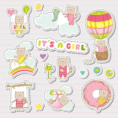 Baby Girl Stickers for Baby Shower Party Celebration. Decorative Elements for Newborn. Vector illustration