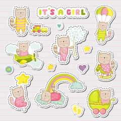 Baby Girl Stickers, Patches for Baby Shower Party Celebration. Decorative Elements for Newborn. Vector illustration