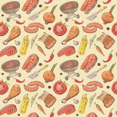 Barbecue and Grill Hand Drawn Seamless Background with Steak, Meat, Fish and Vegetables. Picnic Party Pattern. Vector illustration