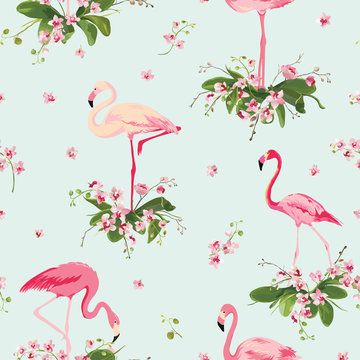 Flamingo Bird and Tropical Orchid Flowers Background. Retro Seamless Pattern in vector