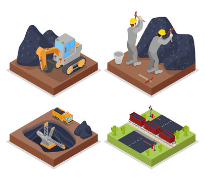 Isometric Coal Industry withPeople Working in Mine and Excavator. Vector flat 3d illustration