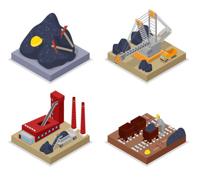Isometric Coal Industry. Workers in Mine, Truck and Excavator. Vector flat 3d illustration