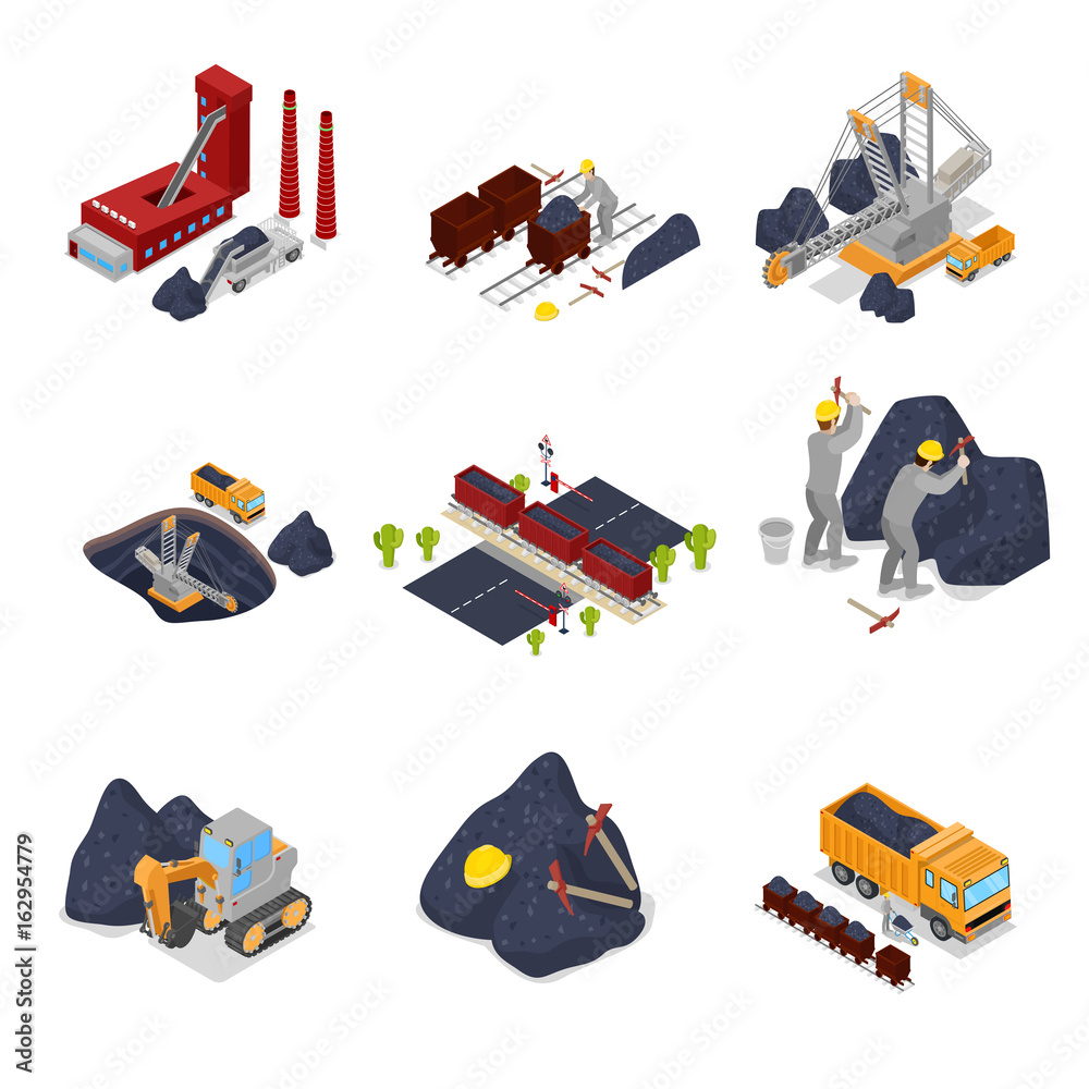 Wall mural isometric coal industry with workers in mine with excavator, miner and equipment. vector flat 3d ill