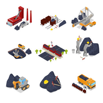 Isometric Coal Industry with Workers in Mine with Excavator, Miner and Equipment. Vector flat 3d illustration