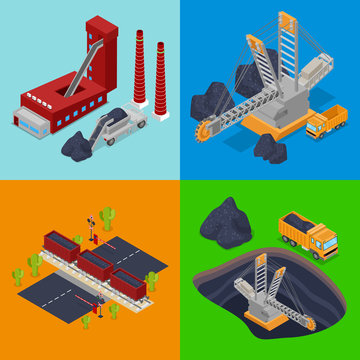 Isometric Coal Industry with Plant, Miner and Trucks. Vector flat 3d illustration