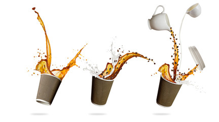 Cups with splashing coffee liquid isolated on white background. Take away hot drinks