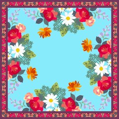 Kerchief with bouquets of gardening flowers on sunny blue background and ornamental frame.