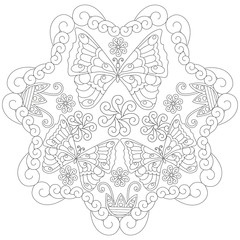 Coloring book page for adults and kids in doodle style. Vector artwork. Good for art therapy, zentangle-style meditation and design of wrapping and textile.