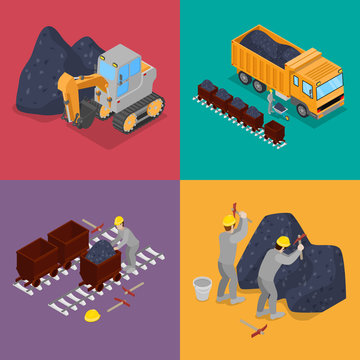 Isometric Coal Industry with Workers in Mine, Excavator  and Equipment. Vector flat 3d illustration