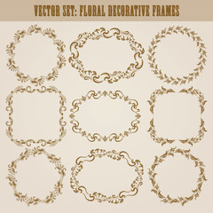 Vector set of decorative hand drawn elements, border, frame with floral elements for design of invitation, greeting, wedding, gift card, certificate, diploma, voucher. Page decoration in vintage style