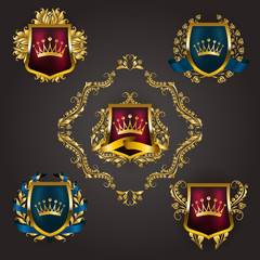 Set of golden royal shields with floral elements, ribbons, laurel wreaths for page, web design. Old frame, border, crown, divider in vintage style for label, emblem, badge, logo. Illustration EPS10