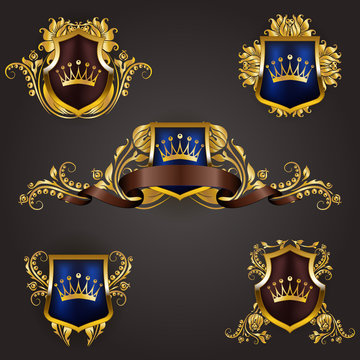 Set of golden royal shields with floral elements, ribbons, for page, web design. Old frame, border, crown, divider in vintage style for label, emblem, badge, logo. Illustration EPS10