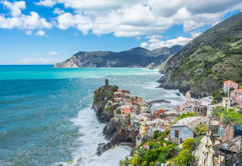 aerial view of Vernazza, a small resort town  on the territory of the Cinque Terre National Park