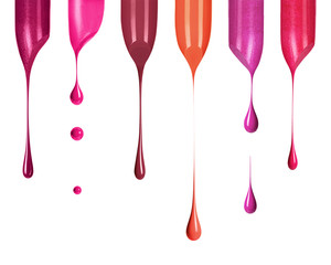 Melting colored lipsticks with falling drops down isolated on white background