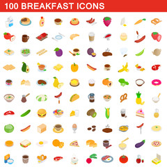 100 breakfast icons set, isometric 3d style