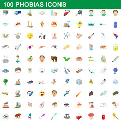 100 phobias icons set, cartoon style