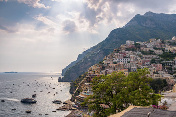 Scenic view of Positano on a cloudy day