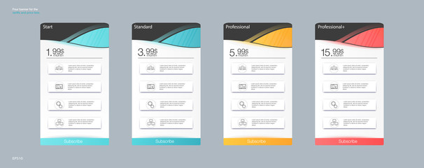 Four banner for the clouded sky service. Price list, hosting plans and web boxes banners design. Four banner for the tariffs and price lists. Web elements. Plan hosting. Vector design for web app. 