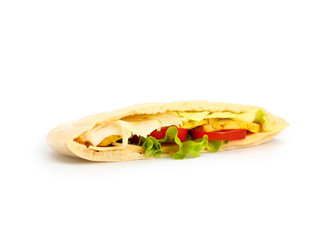 Pita bread with chicken, cheese and salad isolated on white