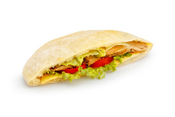 Bread pita with a filling of chicken and vegetables isolated on white