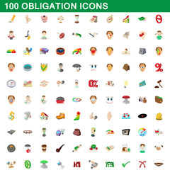 100 obligation icons set, cartoon style