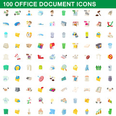 100 office document icons set, cartoon style