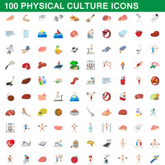 100 physical culture icons set, cartoon style