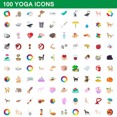 100 yoga icons set, cartoon style