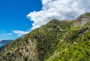 a view from the azure path (the path of Love), passing through the Cinque Terre park to Monterosso al Mare, Vernazza, Corniglia, Manarola and Riomaggiore