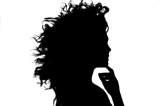 silhouette of the girl with flying curly hairstyle