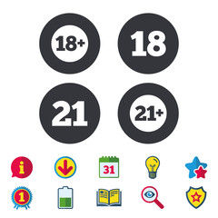 Adult content icons. Eighteen and twenty-one plus years sign symbols. Calendar, Information and Download signs. Stars, Award and Book icons. Light bulb, Shield and Search. Vector