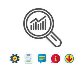 Chart line icon. Report graph or Sales growth sign in Magnifying glass. Analysis and Statistics data symbol. Report, Service and Information line signs. Download, Speech bubble icons. Editable stroke