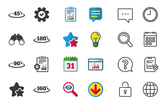 Angle 45-360 degrees icons. Geometry math signs symbols. Full complete rotation arrow. Chat, Report and Calendar signs. Stars, Statistics and Download icons. Question, Clock and Globe. Vector