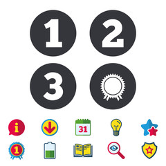 First, second and third place icons. Award medal sign symbol. Calendar, Information and Download signs. Stars, Award and Book icons. Light bulb, Shield and Search. Vector