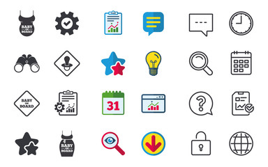 Fototapeta premium Baby on board icons. Infant caution signs. Child pacifier nipple. Pregnant woman dress with big belly. Chat, Report and Calendar signs. Stars, Statistics and Download icons. Question, Clock and Globe
