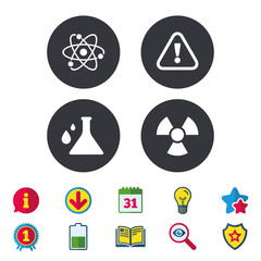 Attention and radiation icons. Chemistry flask sign. Atom symbol. Calendar, Information and Download signs. Stars, Award and Book icons. Light bulb, Shield and Search. Vector