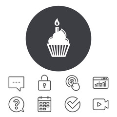 Birthday cake sign icon. Cupcake with burning candle symbol. Calendar, Locker and Speech bubble line signs. Video camera, Statistics and Question icons. Vector