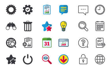 Globe magnifier glass and cogwheel gear icons. Recycle bin delete and power sign symbols. Chat, Report and Calendar signs. Stars, Statistics and Download icons. Question, Clock and Globe. Vector