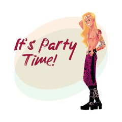 Young man with blond long hair, bare chest, tatoo dressed as glam rock star, cartoon vector illustration isolated on white background. Glam rock party invitation banner, poster layout with rock star