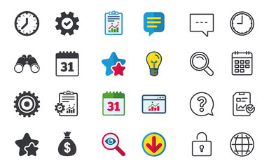 Business icons. Calendar and mechanical clock signs. Dollar money bag and gear symbols. Chat, Report and Calendar signs. Stars, Statistics and Download icons. Question, Clock and Globe. Vector