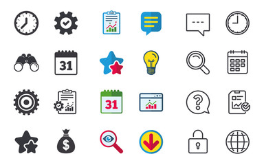 Fototapeta premium Business icons. Calendar and mechanical clock signs. Dollar money bag and gear symbols. Chat, Report and Calendar signs. Stars, Statistics and Download icons. Question, Clock and Globe. Vector