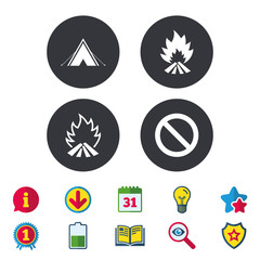 Tourist camping tent icon. Fire flame and stop prohibition sign symbols. Calendar, Information and Download signs. Stars, Award and Book icons. Light bulb, Shield and Search. Vector
