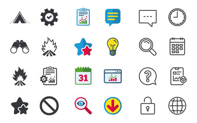 Tourist camping tent icon. Fire flame and stop prohibition sign symbols. Chat, Report and Calendar signs. Stars, Statistics and Download icons. Question, Clock and Globe. Vector