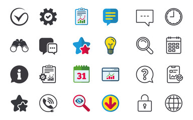 Check or Tick icon. Phone call and Information signs. Support communication chat bubble symbol. Chat, Report and Calendar signs. Stars, Statistics and Download icons. Question, Clock and Globe. Vector