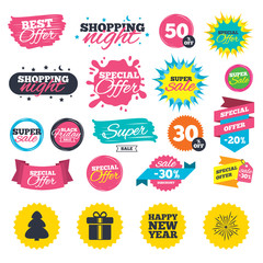 Sale shopping banners. Happy new year icon. Christmas tree and gift box signs. Fireworks explosive symbol. Web badges, splash and stickers. Best offer. Vector